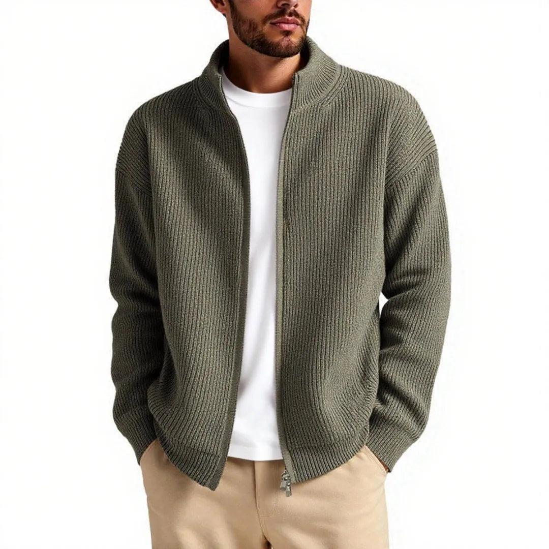 Loose fit men's cardigan sweater in a chemical fibre blend, shown in a choice of five colours.