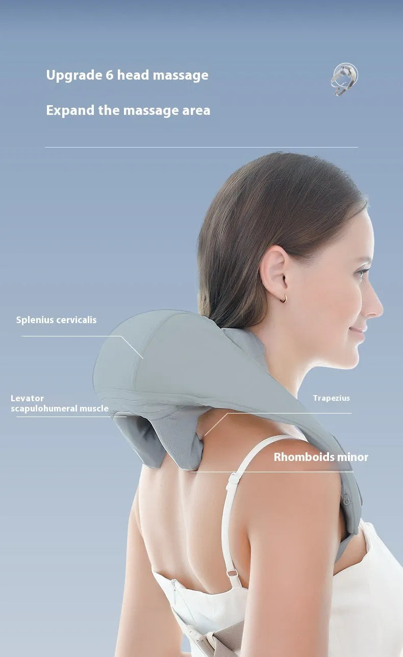 Grey elastic fabric neck and back massager with infrared physiotherapy function and USB charging port