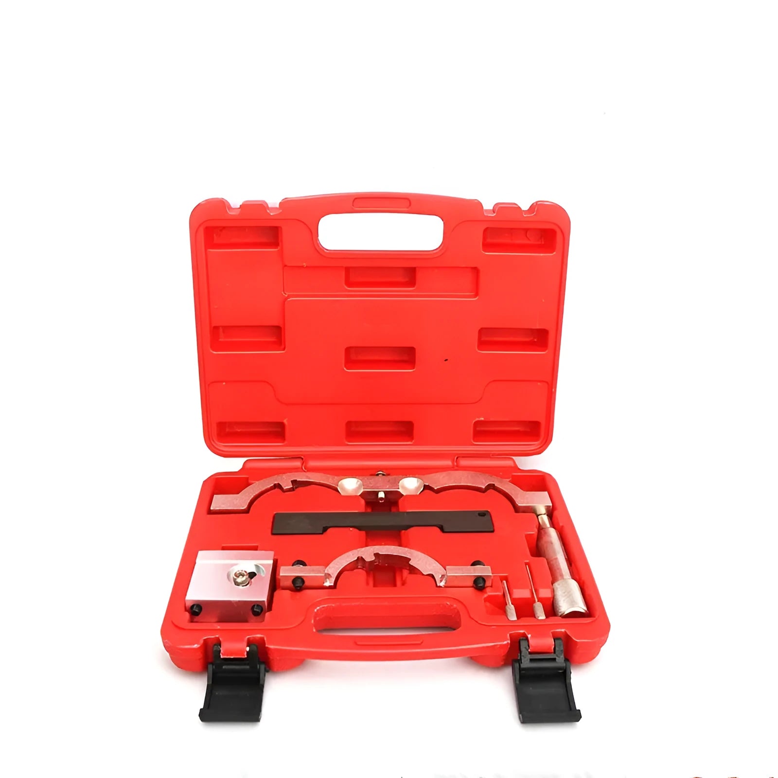 Red chrome-vanadium steel timing tool kit for Opel 1.4 LUJ engine on a workshop bench.