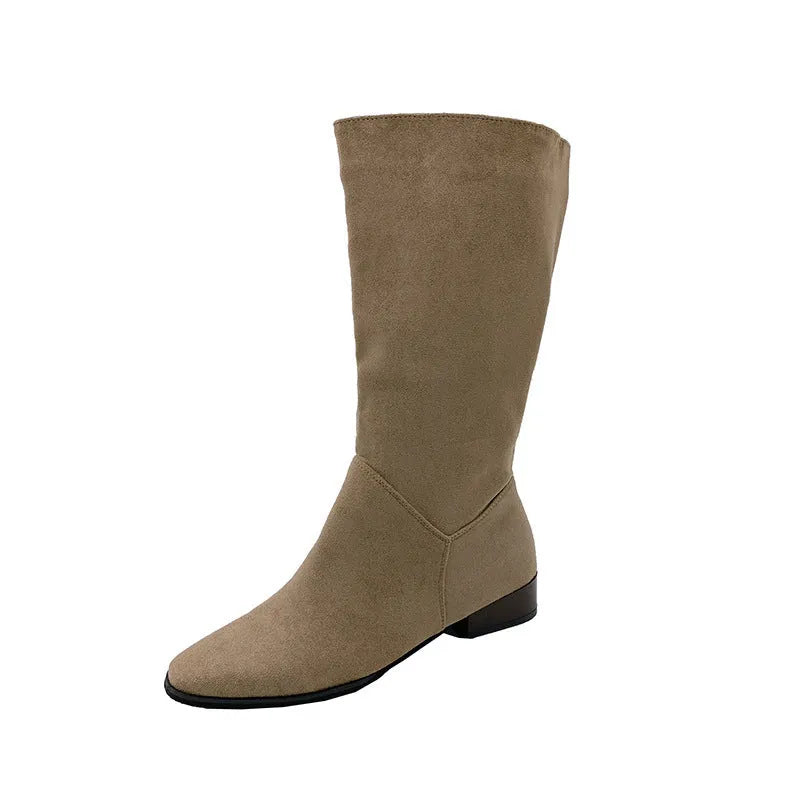 Women's pointed toe retro suede boots with thick heel below the knee in black