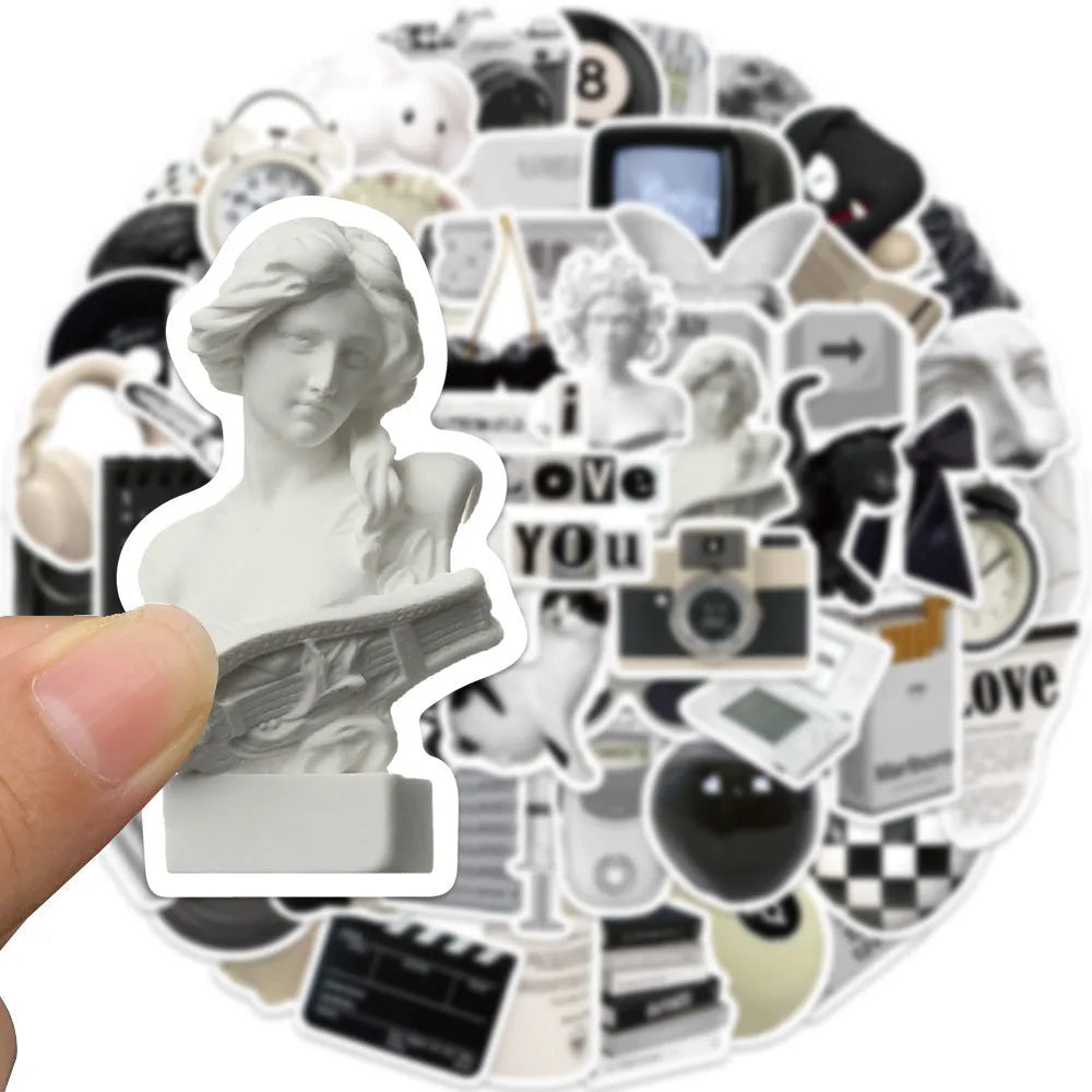 61-piece black and white PVC waterproof stickers for laptops and coffee cup painting