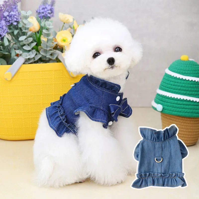 Blue denim pet dress with ruffled vest styling and leash hook for dogs or cats
