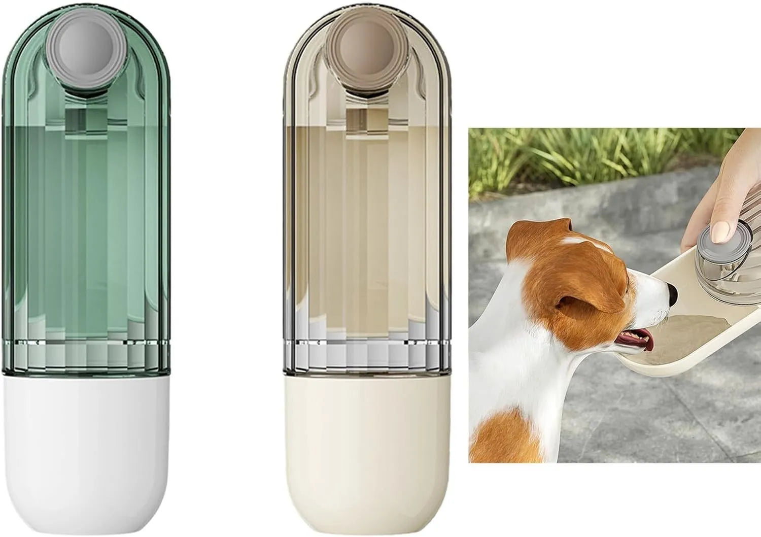 Foldable beige dog water bottle with food dispenser tray extended for drinking outdoors