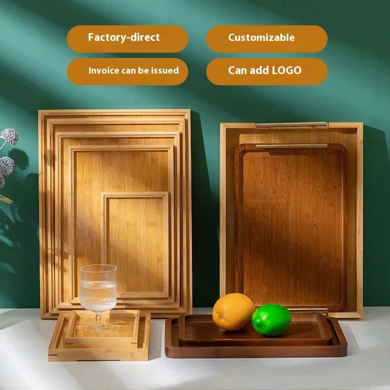 Square bamboo serving tray with brown handle in pastoral style for commercial hospitality use