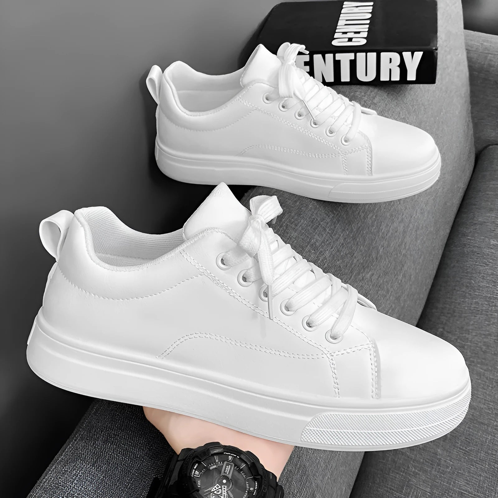 Men's low-top Korean-style sneakers in black, white or black with white sole options
