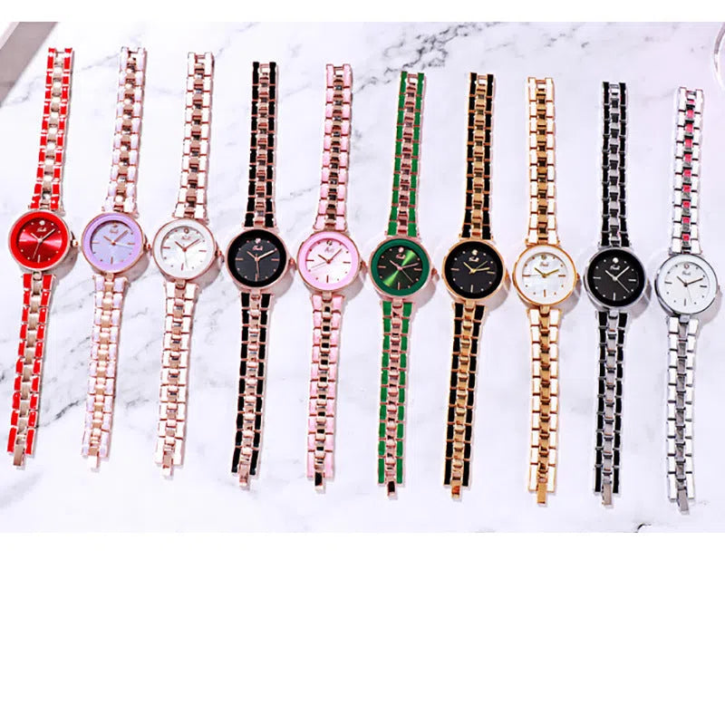 Round white dial ladies quartz watch with stainless steel strap and rose gold accents