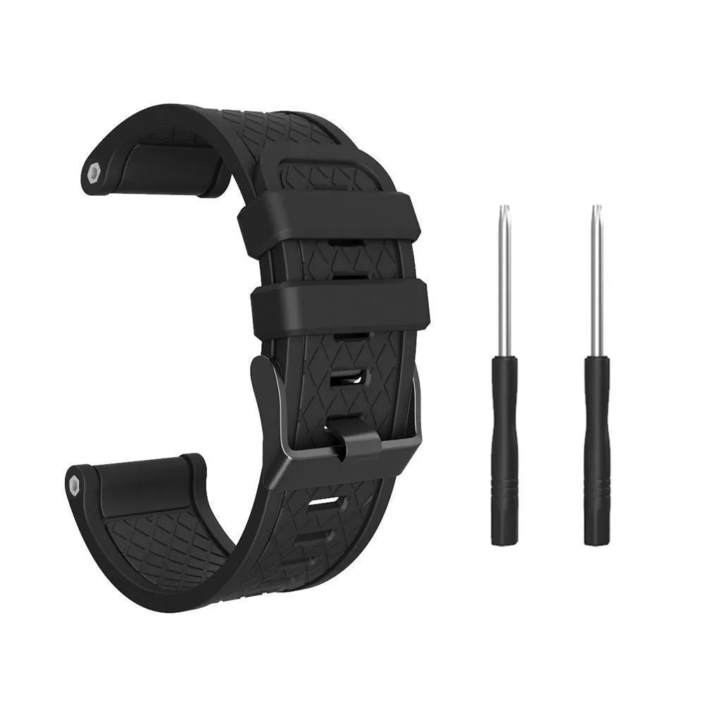 Close-up of a black silicone sports watch strap for a 26mm Jiaming watch case