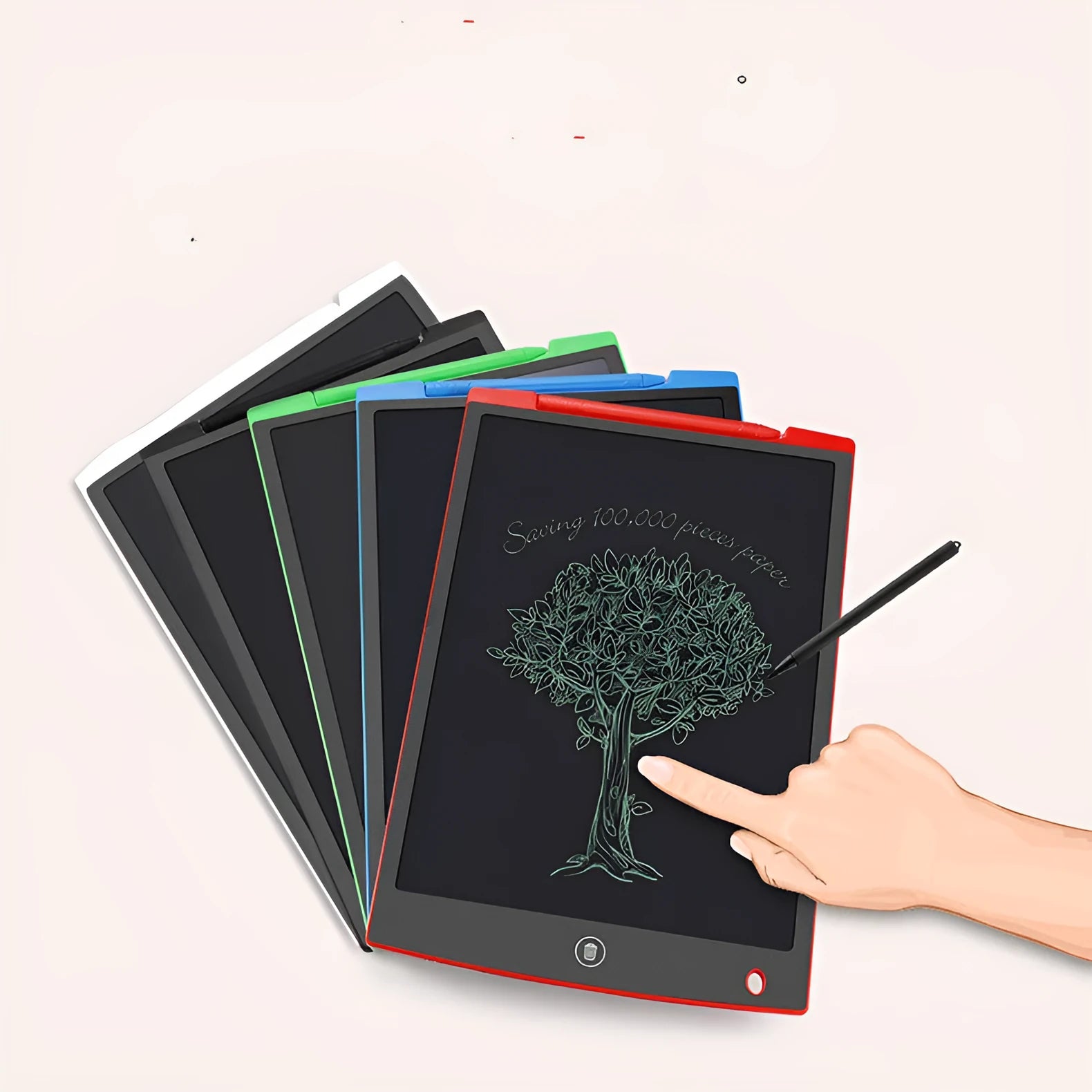 LCD electronic writing board for kids in blue, with stylus pen on the screen.