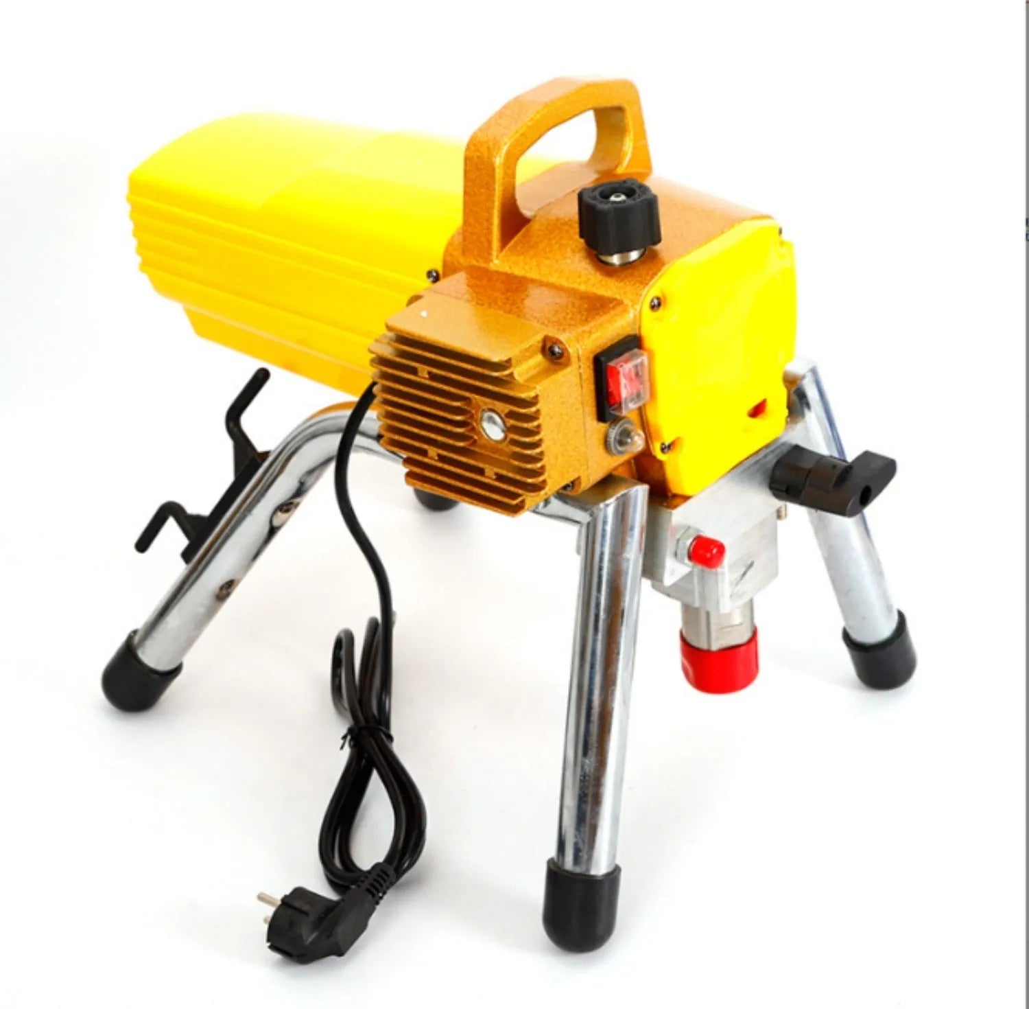 Portable blue electric airless spraying machine with spray gun and accessories on a workbench.