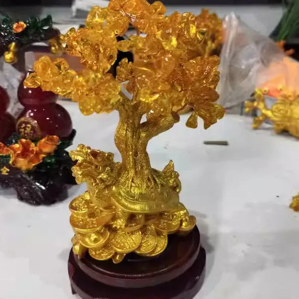 Citrine coloured small water turtle money tree resin ornament in Chinese style, 23cm high.