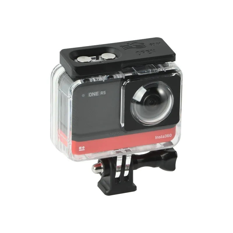 Transparent waterproof housing for Insta360 One RS camera showing dimensions 9x8x4.5cm