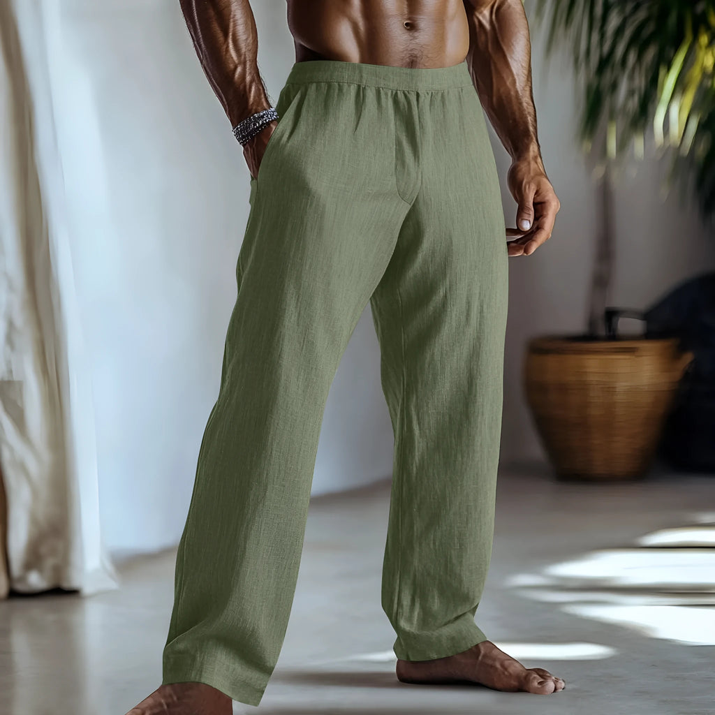 Cotton and linen straight leg casual trousers in British style with pockets, shown in light green colour