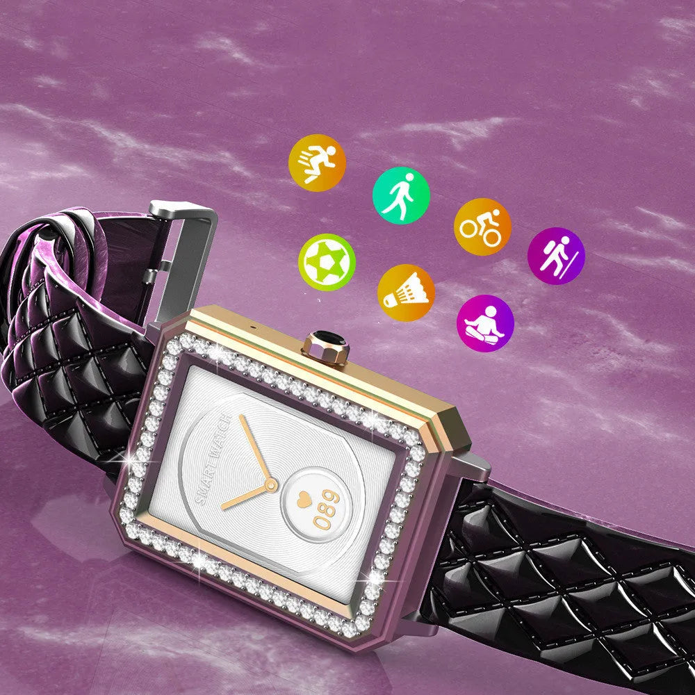 Women's smart bracelet with 1.65 inch screen and genuine leather strap in black gold colour