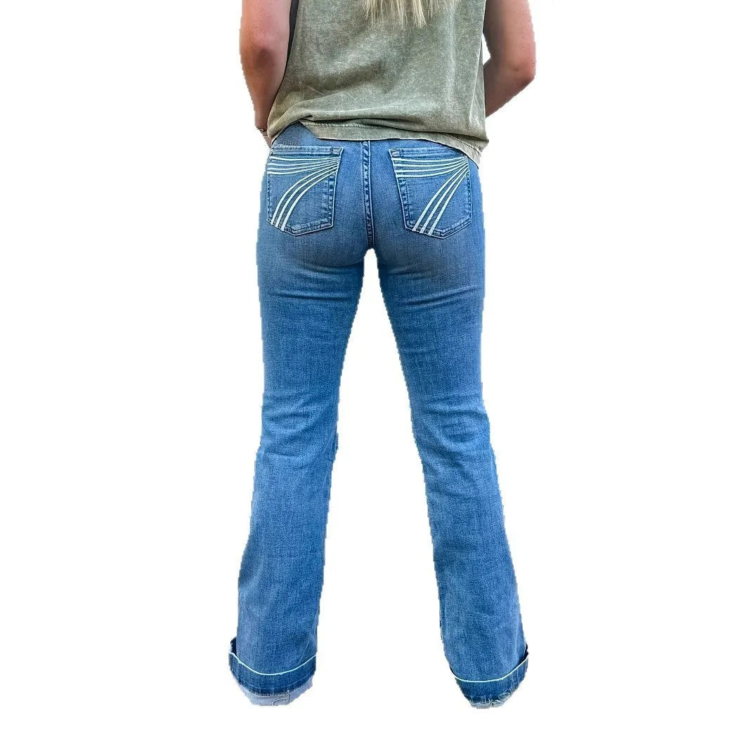 Slim fit denim jeans with a mid-waist and slightly flared leg, shown in an embroidered colour variant.