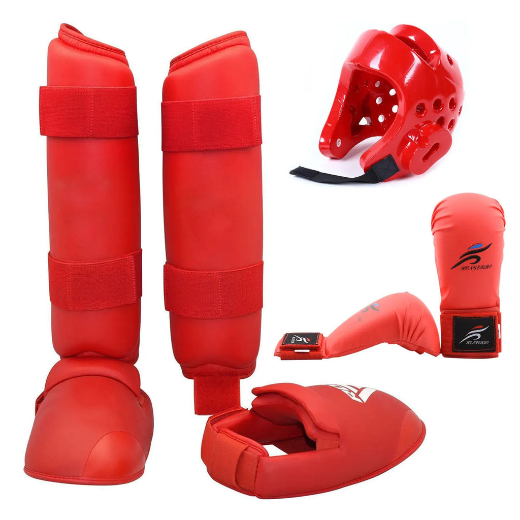 Karate Taekwondo protective gear set with blue leg guard, helmet and boxing gloves