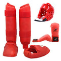 Karate Taekwondo protective gear set with blue leg guard, helmet and boxing gloves