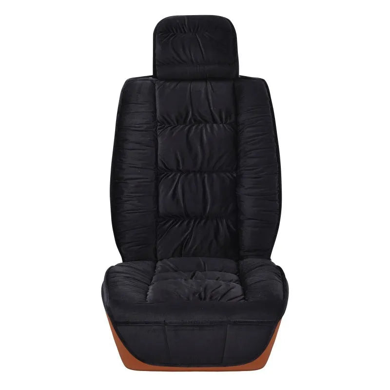 Winter plush car seat cushion cover shown in available colours including black, grey, brown, beige and purple
