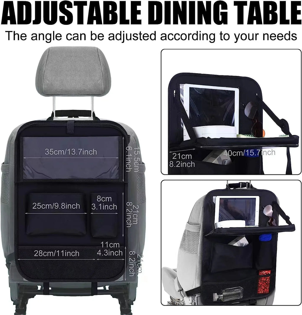 Black Oxford cloth car seat back storage bag hanging behind vehicle seat