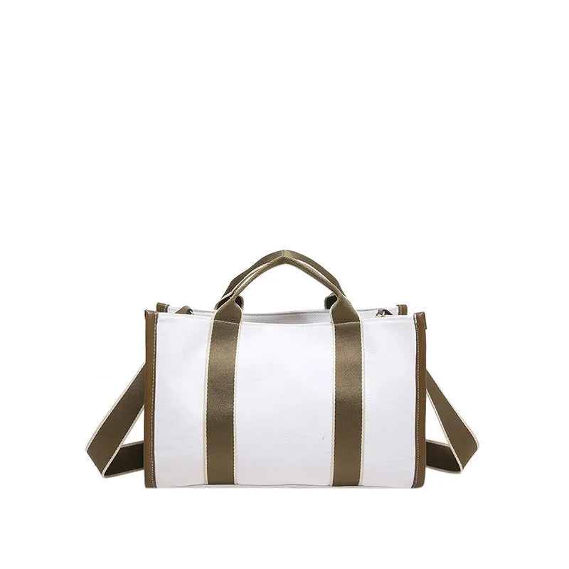Canvas tote bag for women Korean style large capacity horizontal square shoulder bag in black with spliced design and open pocket