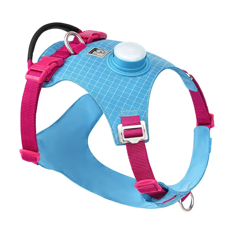 LED dog safety chest harness in light purple nylon with adjustable straps for night walks