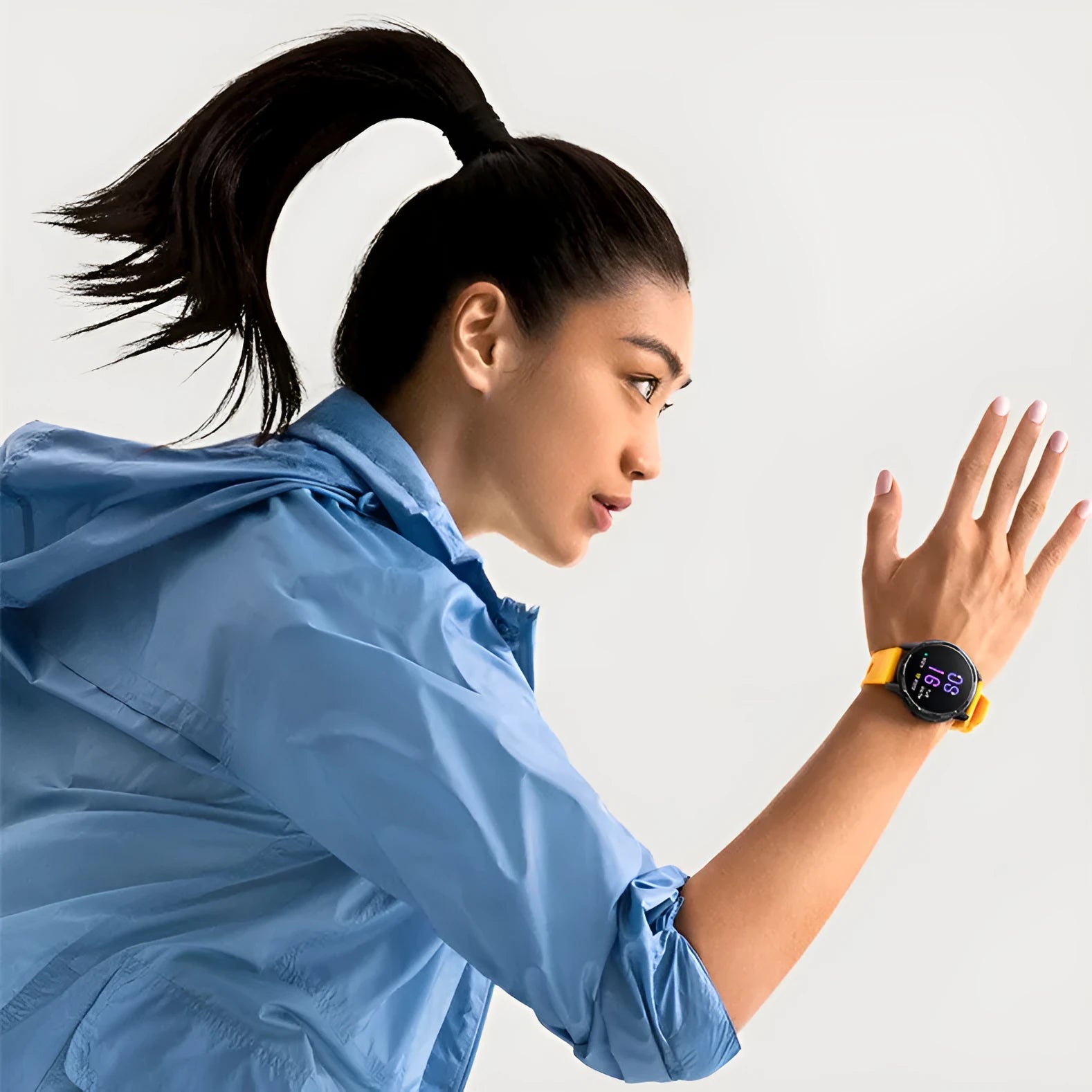 Dual-band GPS smart watch with 1.43-inch touchscreen on silicone strap in black, white, or blue