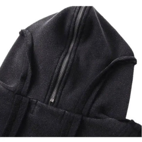 Black men's cotton hooded cardigan coat with abstract pattern and zip front