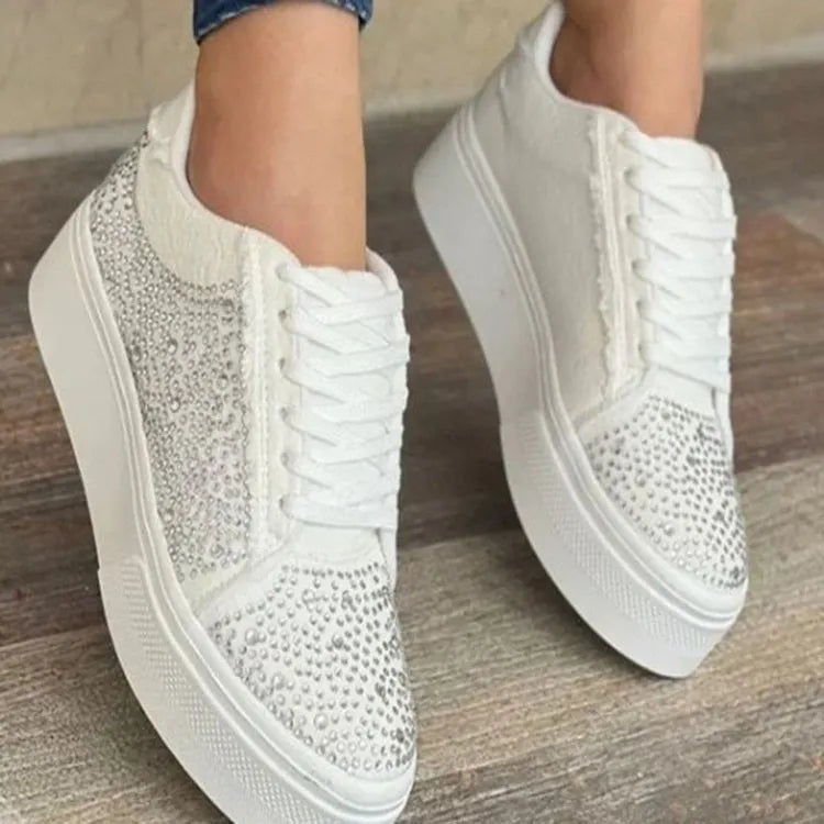 Plus size women's rhinestone lace-up casual shoes with thick rubber soles in black, blue, white, or red colours