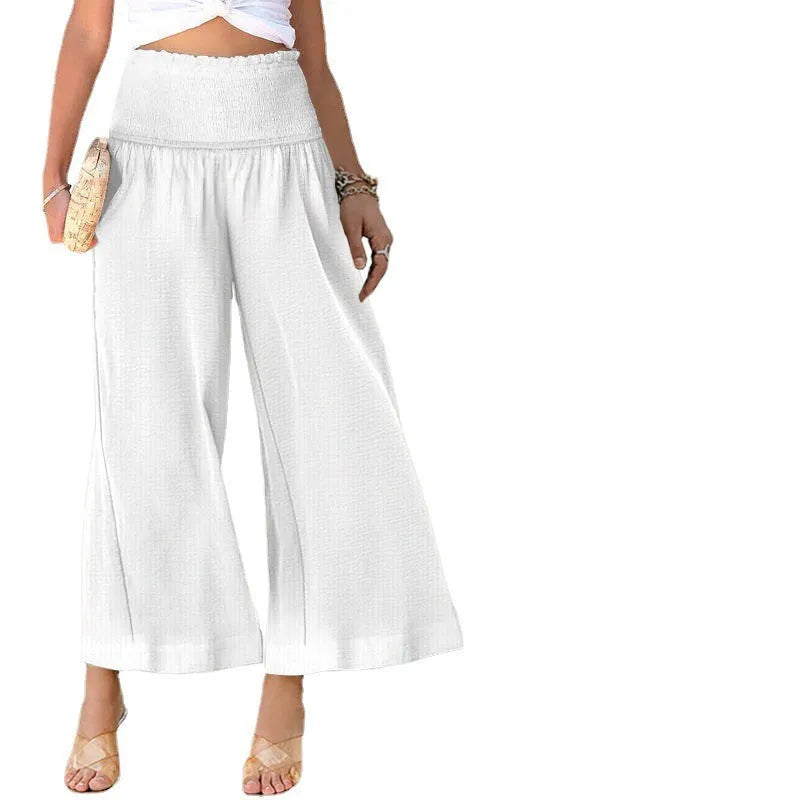 Women's high-waist straight-leg cropped trousers in a cotton linen blend, shown in apricot colour.