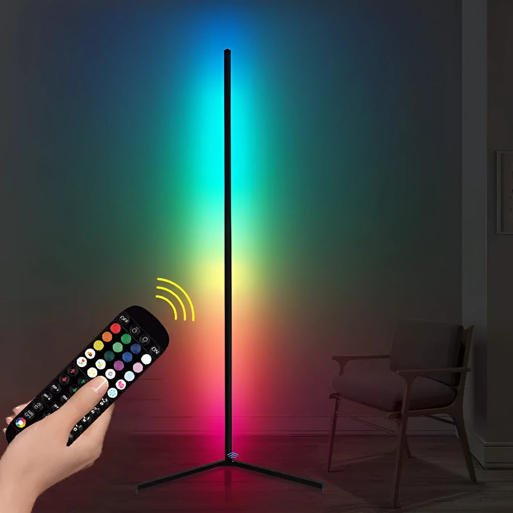 Black aluminium smart RGB floor lamp with silicone shade and remote control on wooden floor