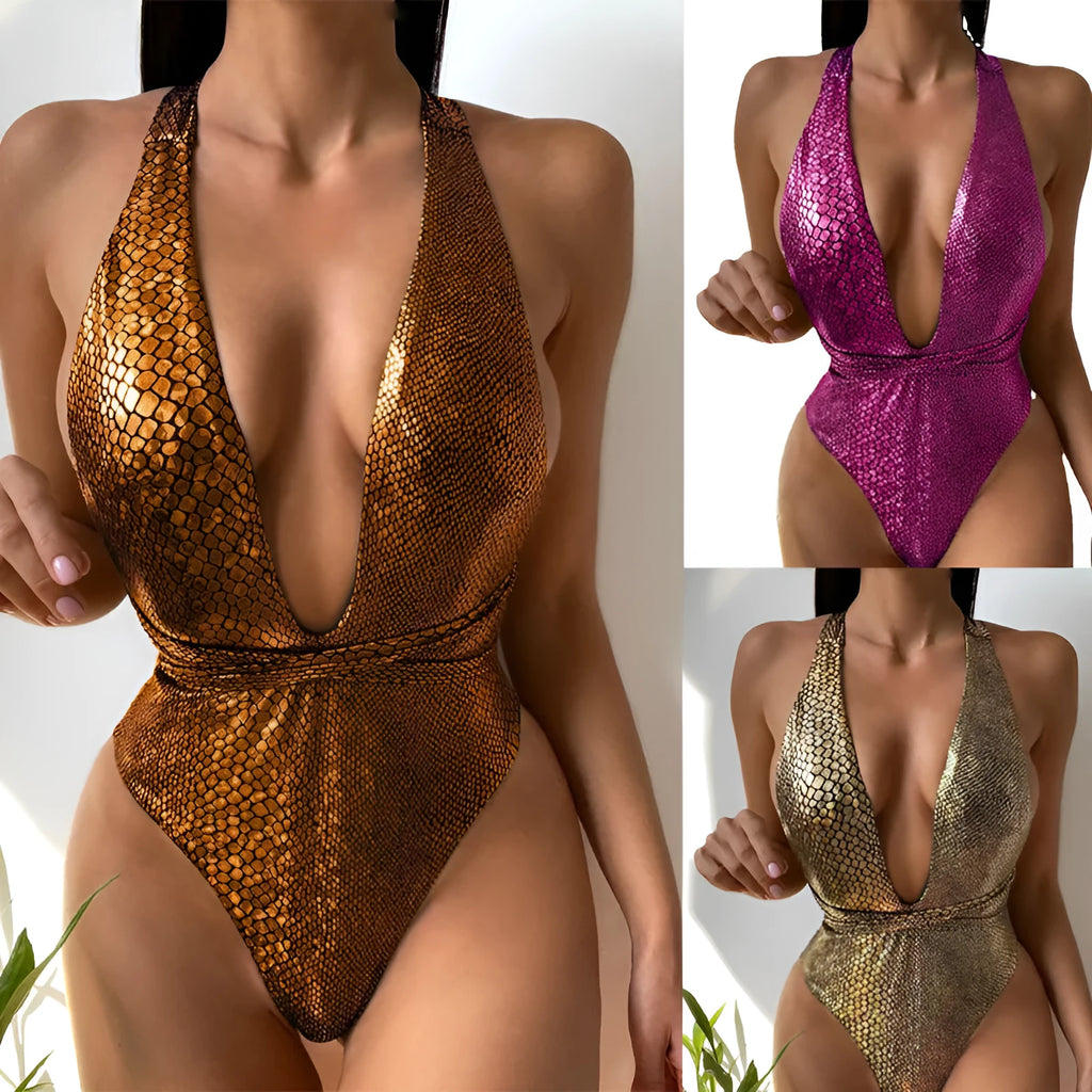 Women's sequined one-piece swimsuit in solid colours Rose Red, orange, white, gold, pink, or green.