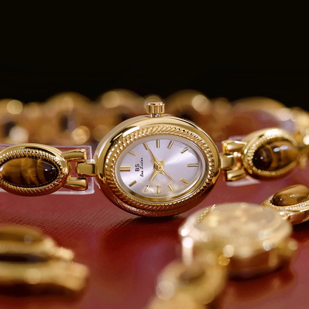 BS Gold Retro Rich Tigereye Chain Watch with 20x24mm dial and 7mm thickness in champagne gold finish