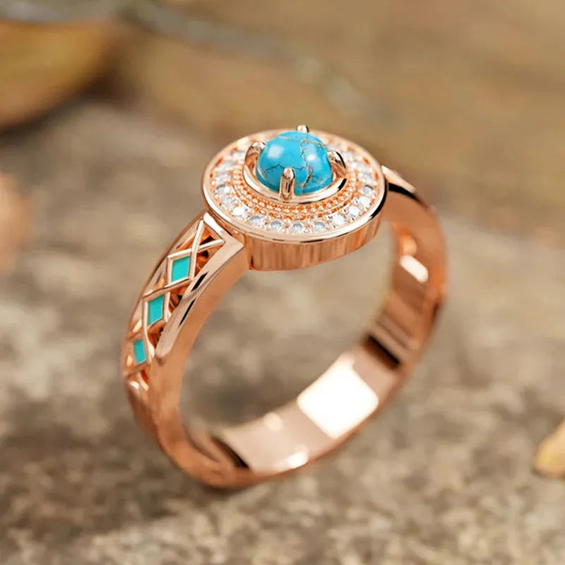 Women's turquoise ethnic style copper ring with micro inlaid zircon and rose gold finish