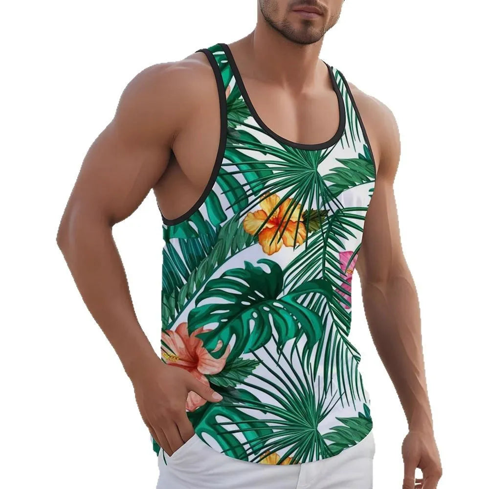 Man wearing a solid-colour sleeveless vest with a 3D printed Hawaiian pattern, showing pinhole fabric texture.
