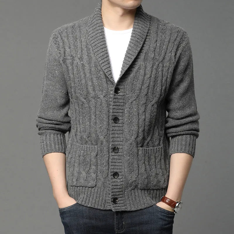 Korean style jacquard patterned men's knitted cardigan in straight cut with front opening