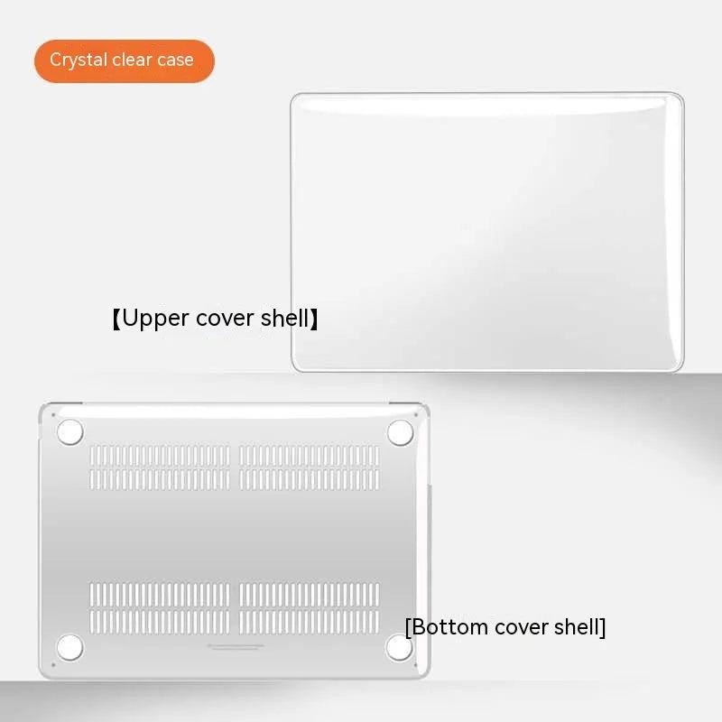 Transparent and frosted hard shell protective case fitted on a MacBook laptop.