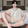 Men's ice silk summer pajama set with cardigan top and short trousers in polyester fabric