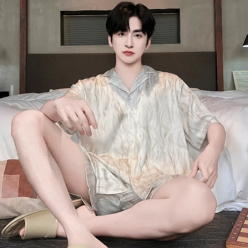 Men's ice silk summer pajama set with cardigan top and short trousers in polyester fabric