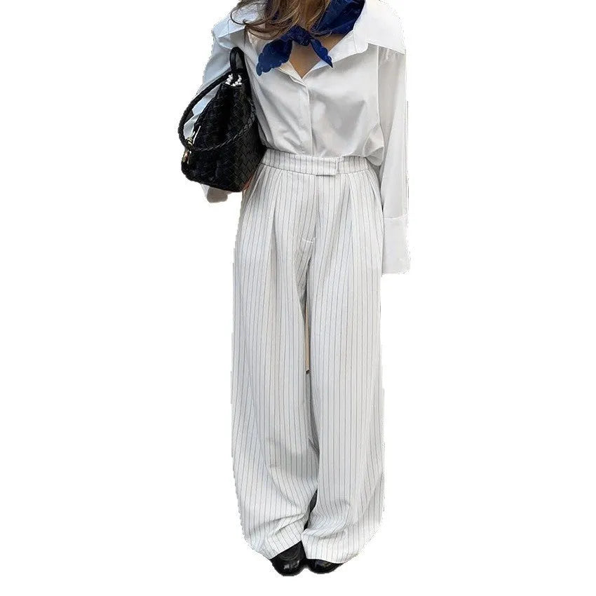 White striped wide-leg loose casual trousers for women with zipper styling