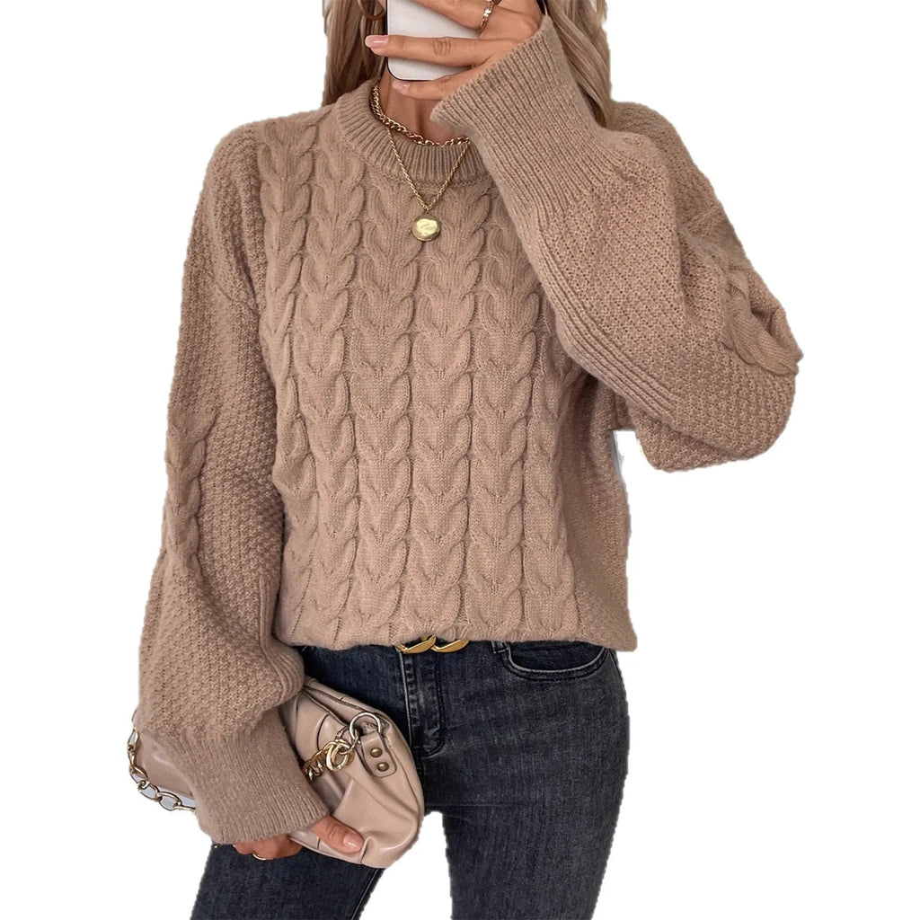 Women's beige casual pullover sweater with twist detail, round neckline and loose fit
