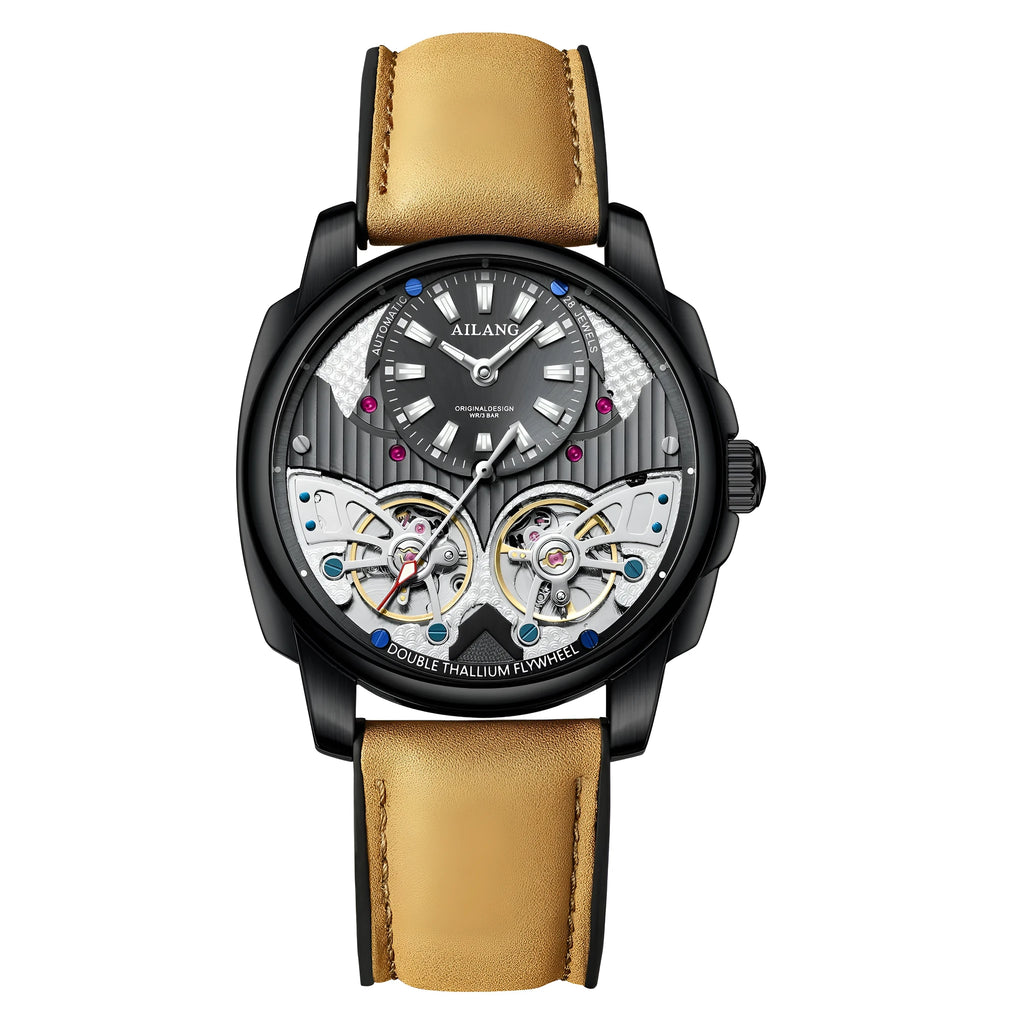 Automatic double tourbillon men's watch with silver case, black dial, and gray belt