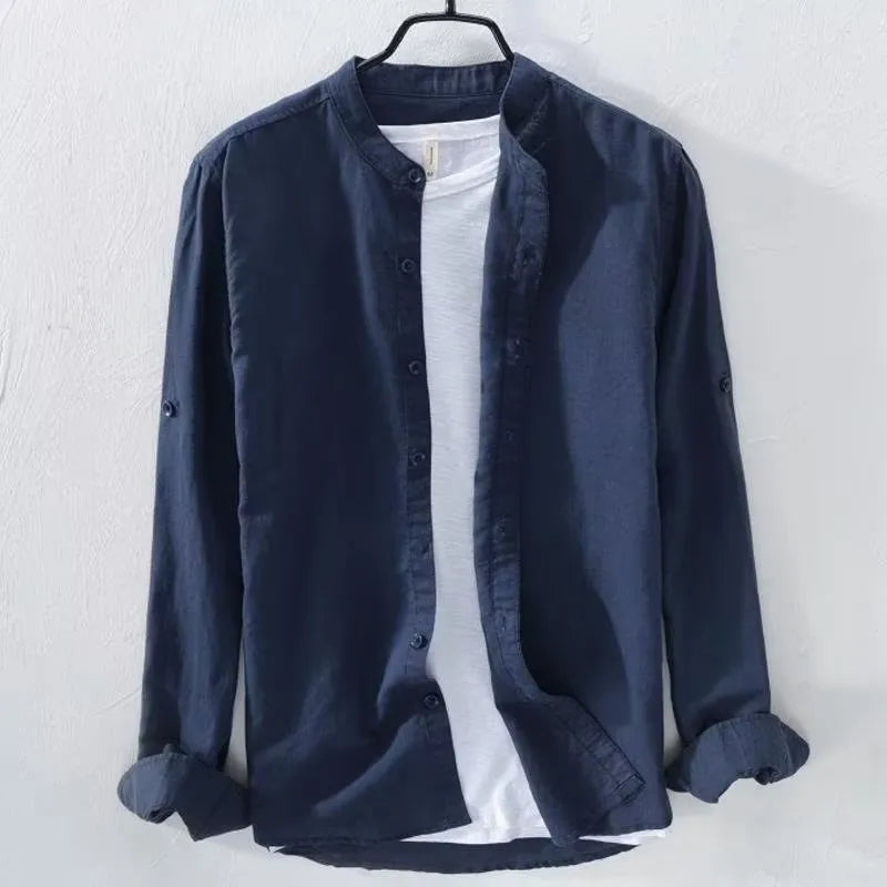 Men's loose fit long sleeve linen cotton shirt in solid colours on a hanger