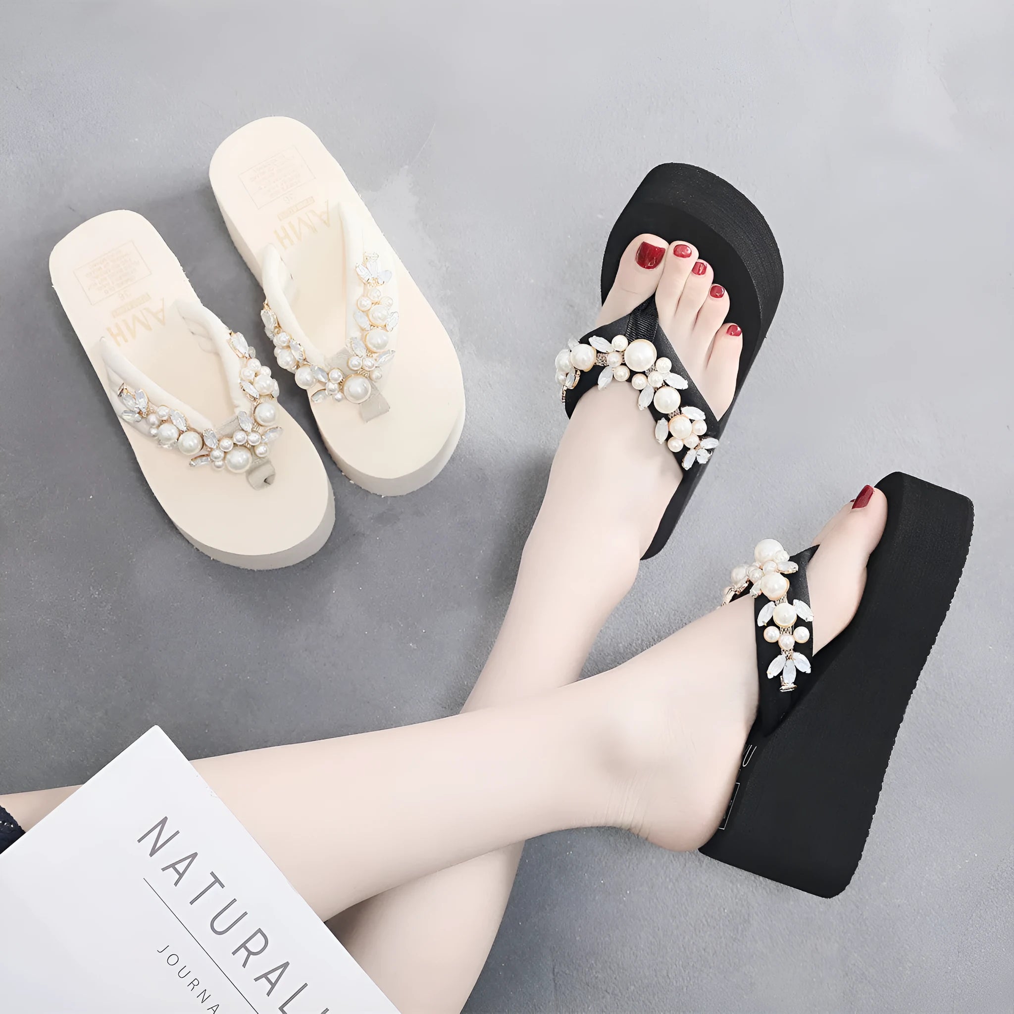Women's high-heeled flip-flops with cotton cloth upper in beige colour