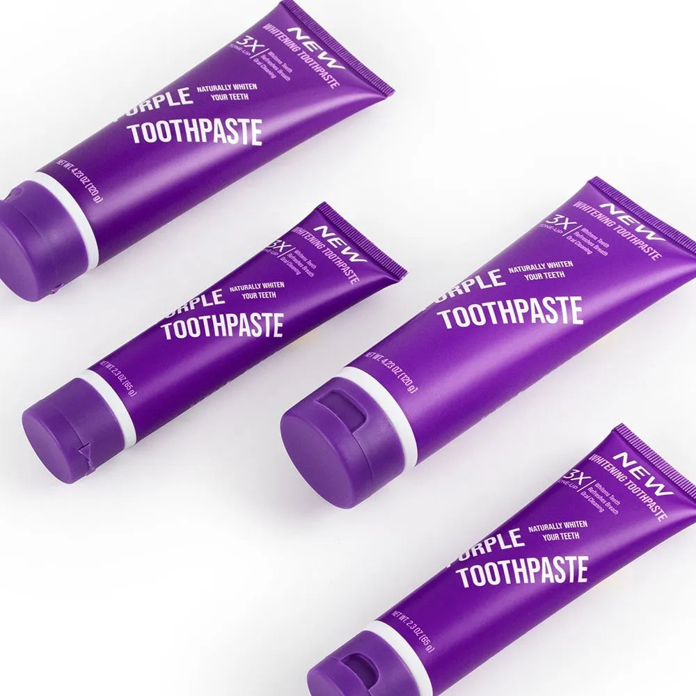 Purple whitening toothpaste tube for yellow stain removal in 120g and 65g sizes