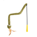 Green cat teasing stick toy with feather attachment measuring 140 cm in length