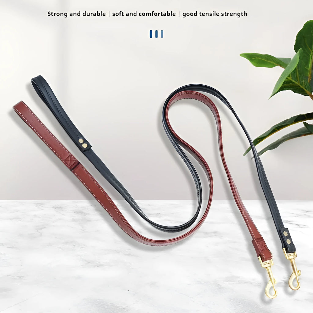 Roran black PU leather pet traction belt with adjustable handle showing length measurement