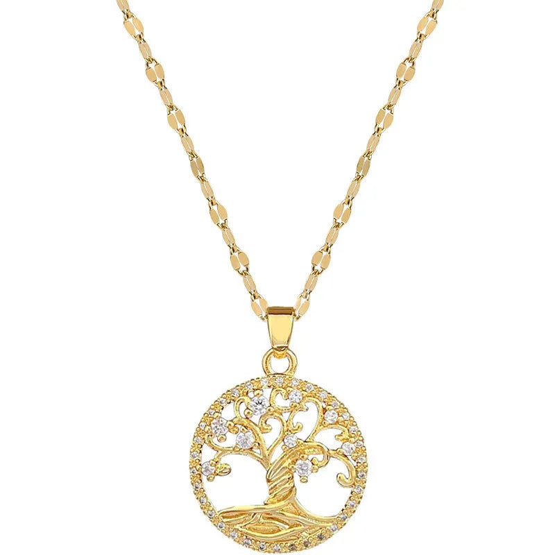 Gold-plated women's necklace with detailed lucky tree pendant featuring zircon stones and mother of pearl shell