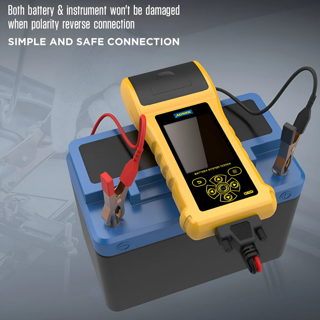 Autool BT760 digital vehicle battery tester with colour screen, thermal printer, and battery clip connectors
