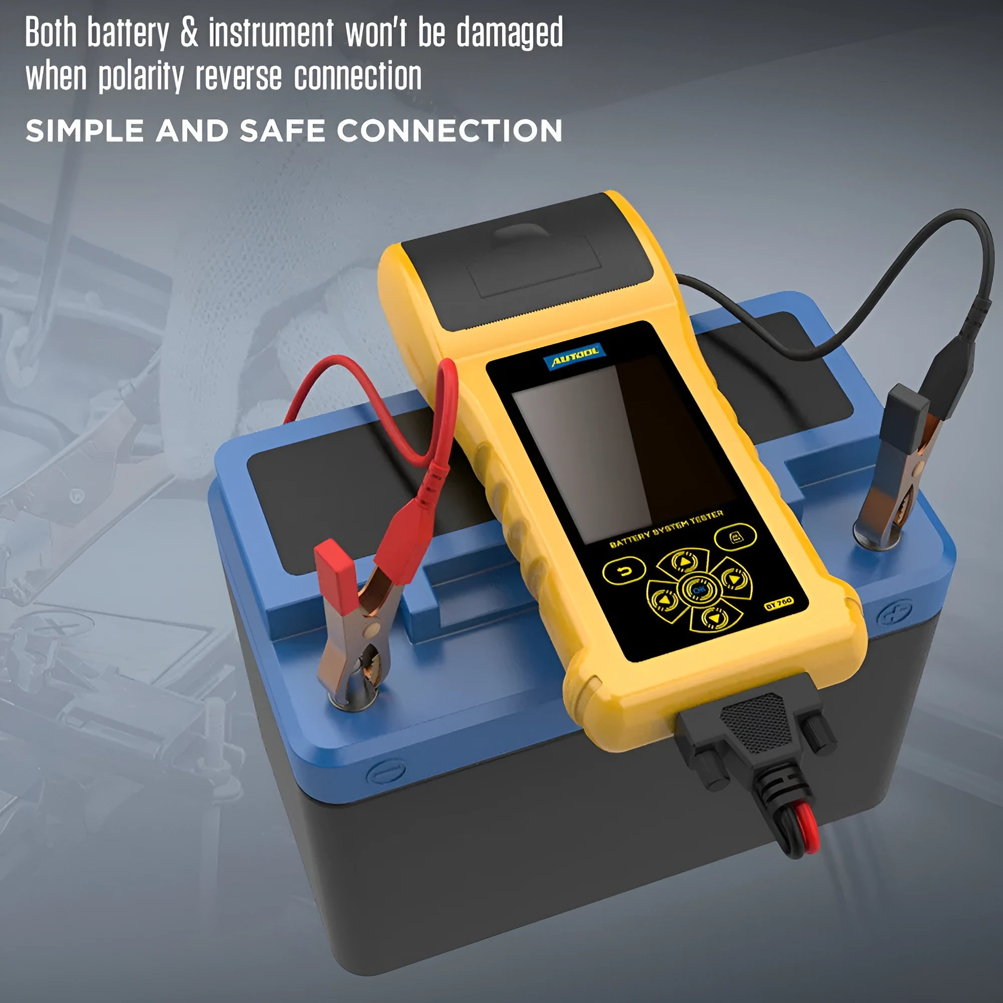 Autool BT760 digital vehicle battery tester with colour screen, thermal printer, and battery clip connectors