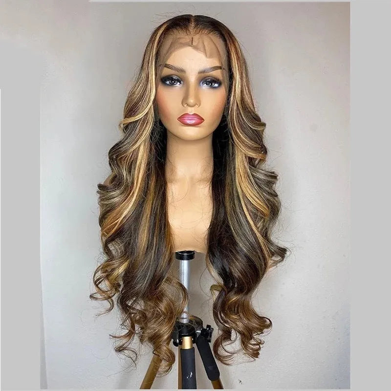 Front lace wig with 134 gradient colour showing long curly hair and side bangs
