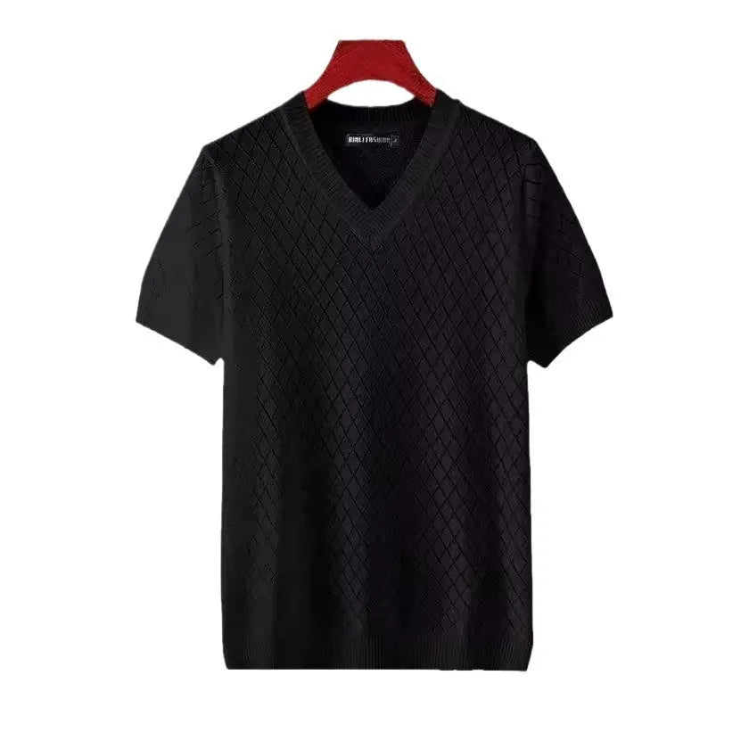 Men's black and white ice silk V-neck and round neck short sleeve t-shirt on a hanger.